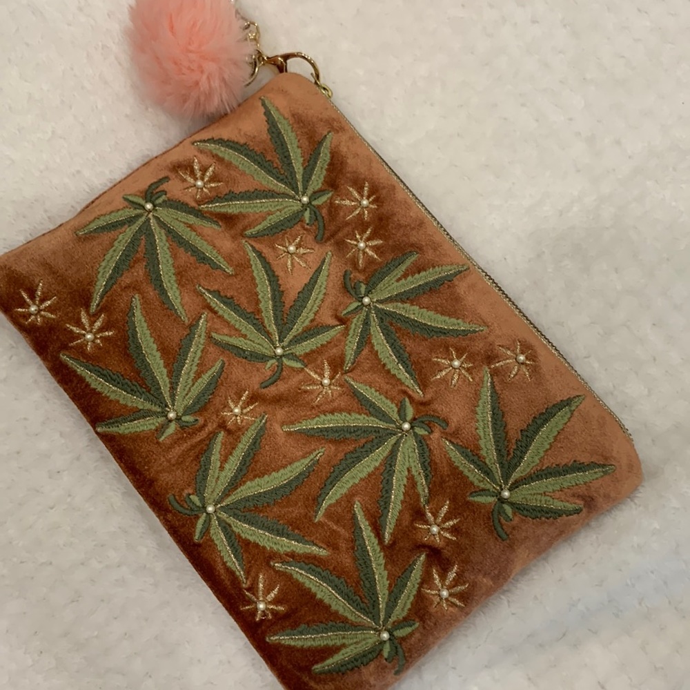 Embroidered Mary Jane cannabis leaf clutch/pouch